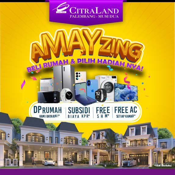 Promotional poster for Centraland Mayzing sale showing appliances and a row of houses, highlighting down payment, subsidies, and freebies.