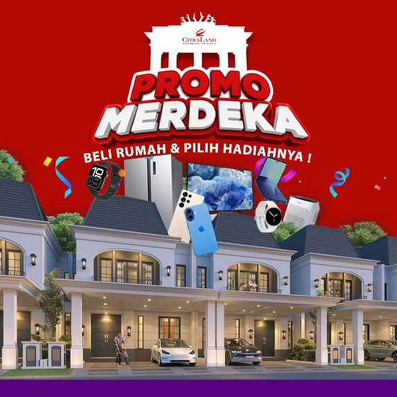 Merdeka promo banner with floating appliances and gadgets above a row of modern townhouses, promoting home purchases with prizes.