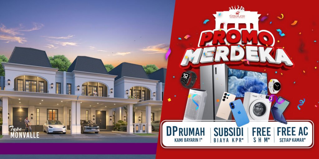 Split-banner image: left side shows a row of modern townhouses at dusk; right side a red promotional ad with electronics and confetti reading 'PROMO MERDEKA'.