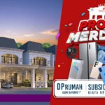Split-banner image: left side shows a row of modern townhouses at dusk; right side a red promotional ad with electronics and confetti reading 'PROMO MERDEKA'.