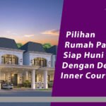 Promotional banner for Citraland Palembang showing white modern houses on the left and a purple ad panel on the right reading Indonesian text about inner-court homes.